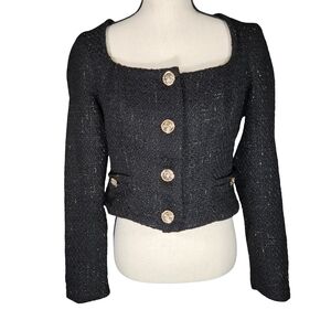 Nova Luxe Cropped Tweed Blazer, Black/Gold, Large NWOT